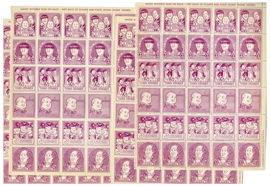 Ten Full Sheets of 1960s Three Stooges Stamps -- Measure 8.5'' x 11'' -- Light Toning, Else Near Fine
